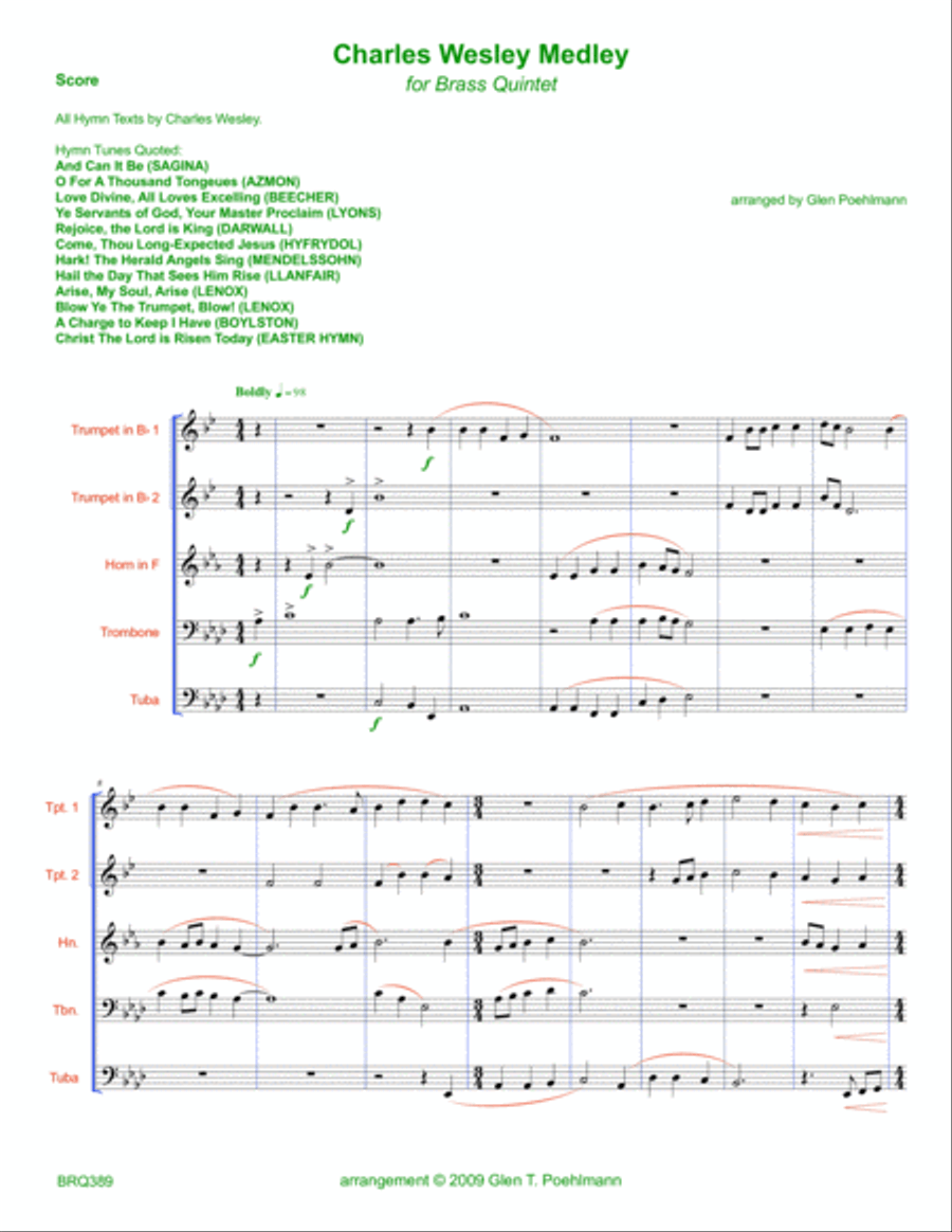 CHARLES WESLEY MEDLEY - unaccompanied BRASS QUINTET (12 hymn medley) Brass Quintet scores gallery preview page 1