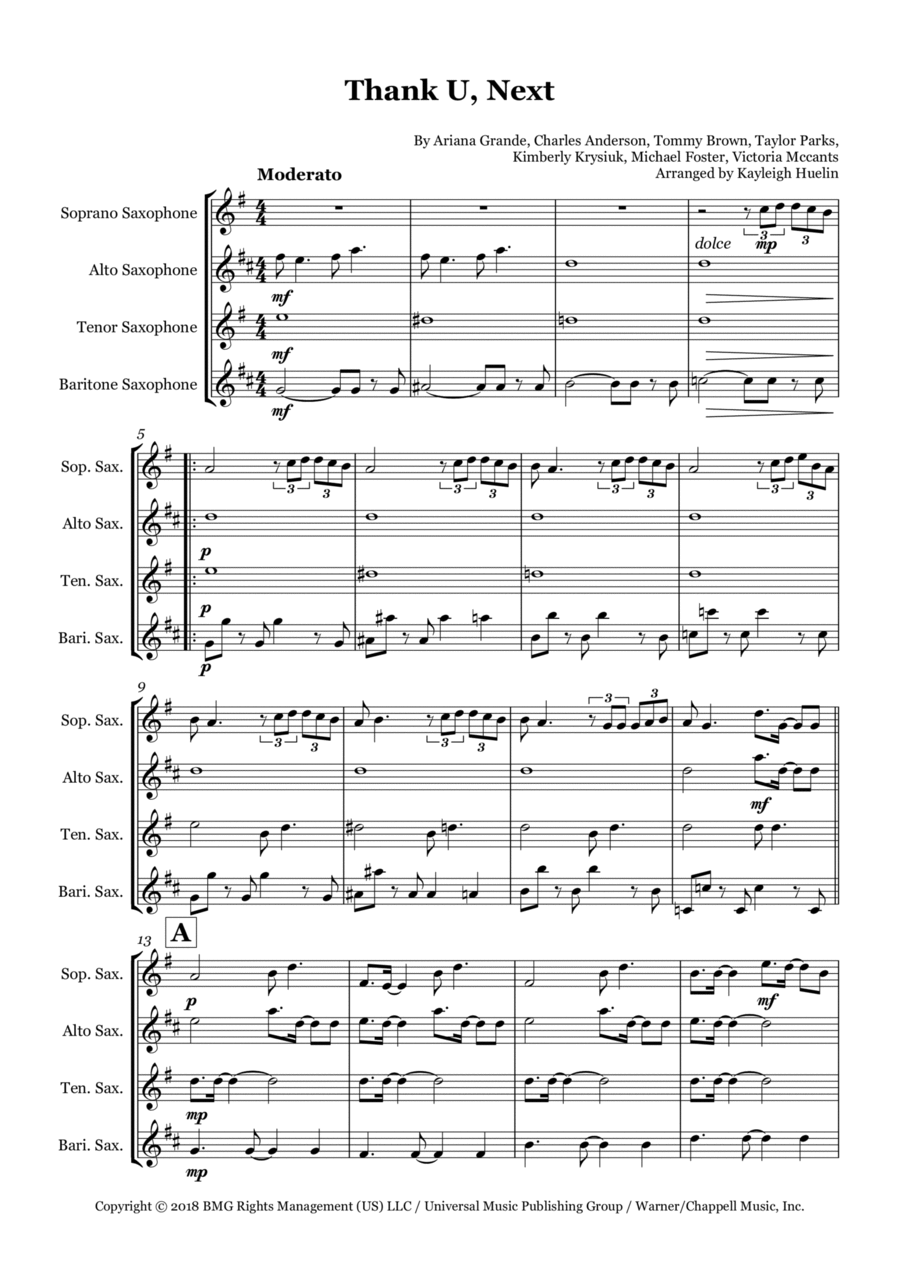 Thank U, Next Saxophone Quartet scores gallery preview page 1