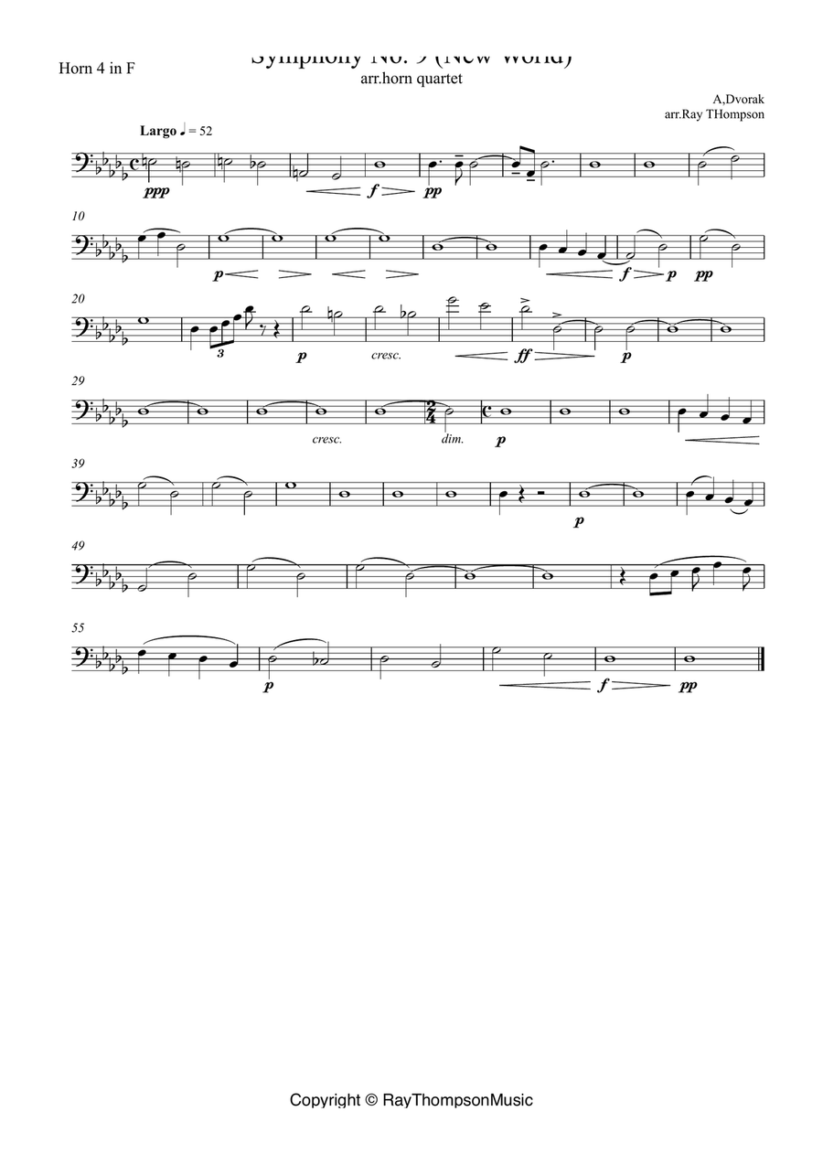 Dvorak: Mvt.II Largo (extract) from Symphony No.9 (New World) Op.95 - horn quartet Brass Quartet scores gallery preview page 4
