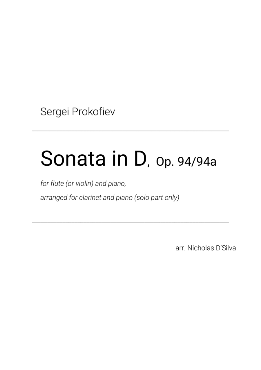 S. Prokofiev - Flute Sonata in D, Op. 94 arranged for clarinet and piano (Solo Part Only) Chamber Music scores gallery preview page 1