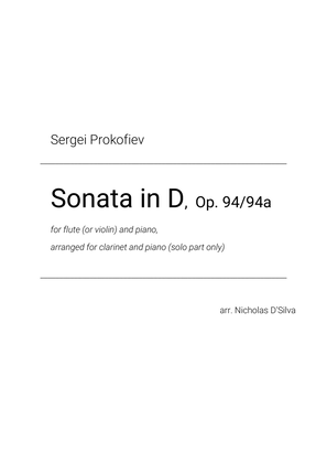 Book cover for S. Prokofiev - Flute Sonata in D, Op. 94 arranged for clarinet and piano (Solo Part Only)