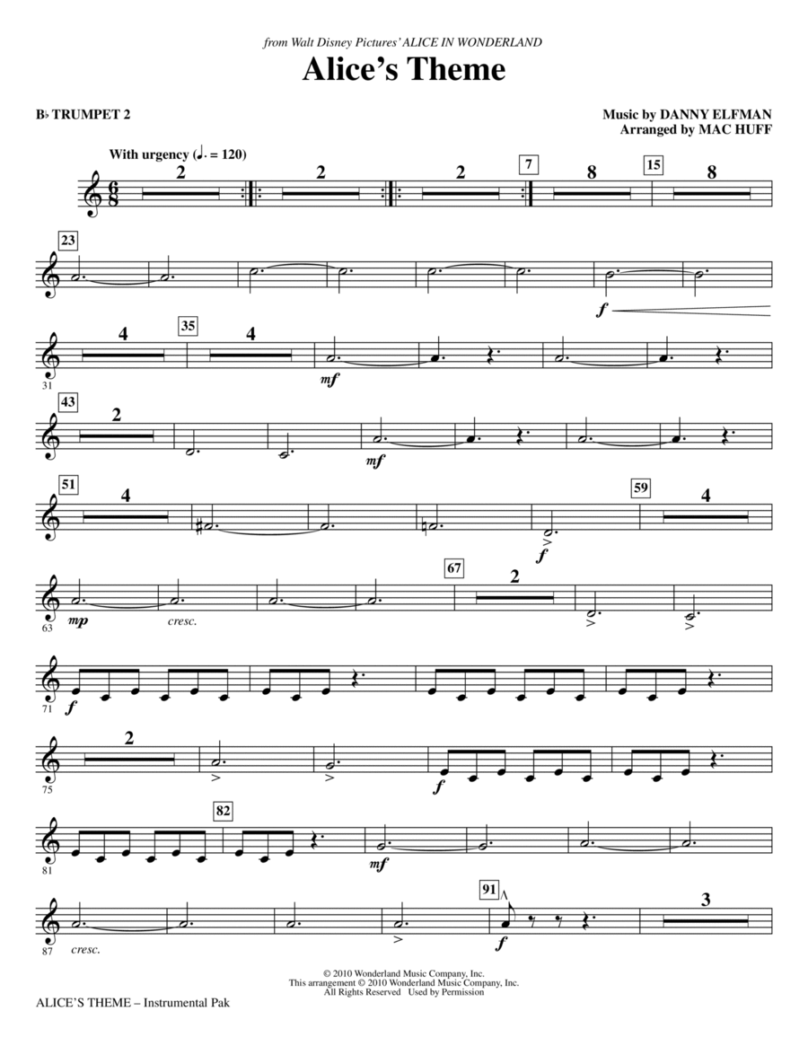 Alice's Theme (from Alice In Wonderland) (arr. Mac Huff) - Bb Trumpet 2 Choir scores gallery preview page 1
