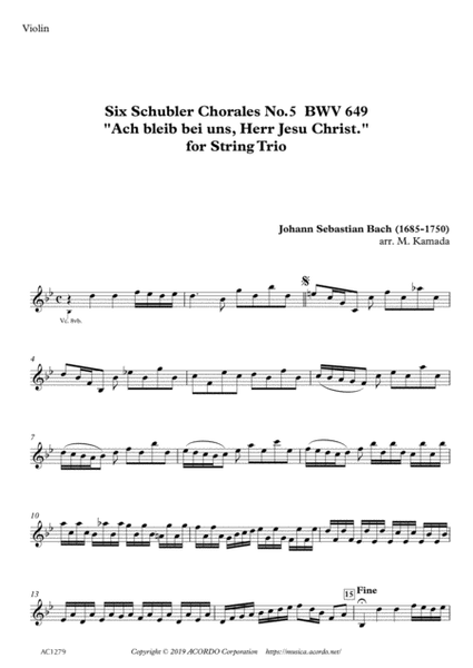 Six Schubler Chorales No.5 BWV649 "Ach bleib bei uns, Herr Jesu Christ." for String Trio image number null