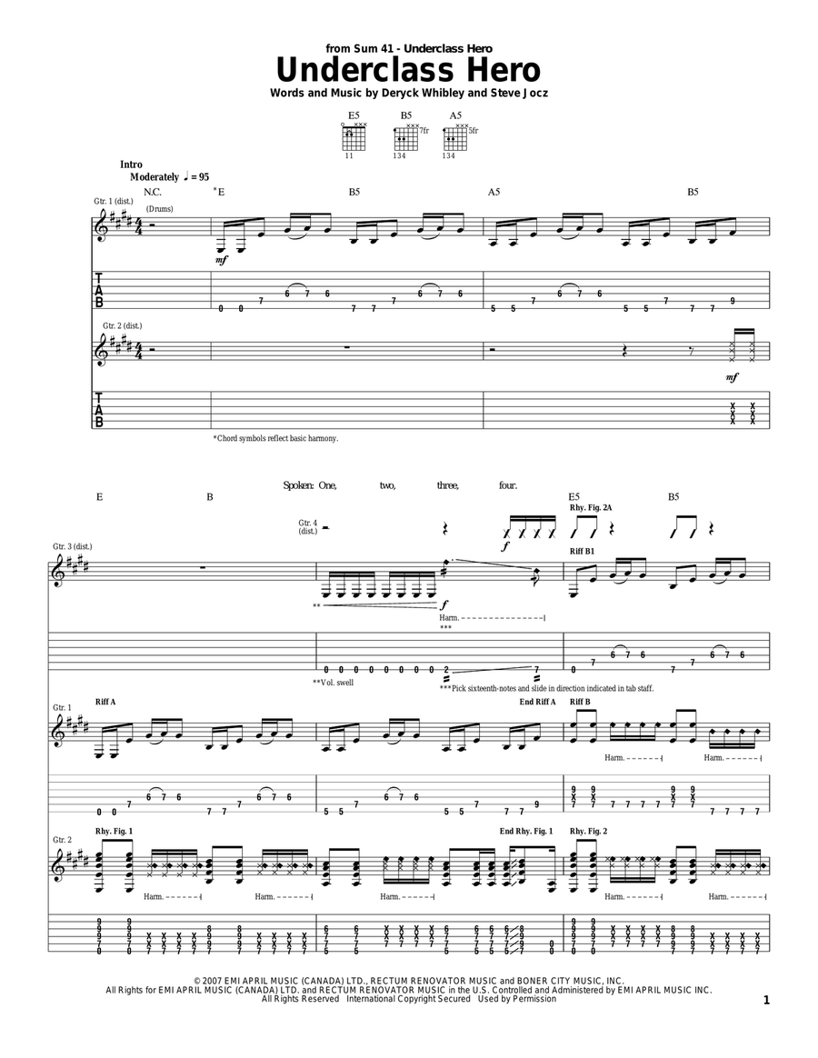 Underclass Hero Acoustic Guitar scores gallery preview page 1