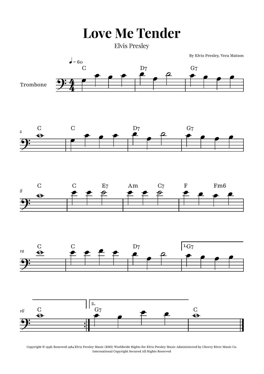 Love Me Tender Trombone Solo scores gallery preview page 1