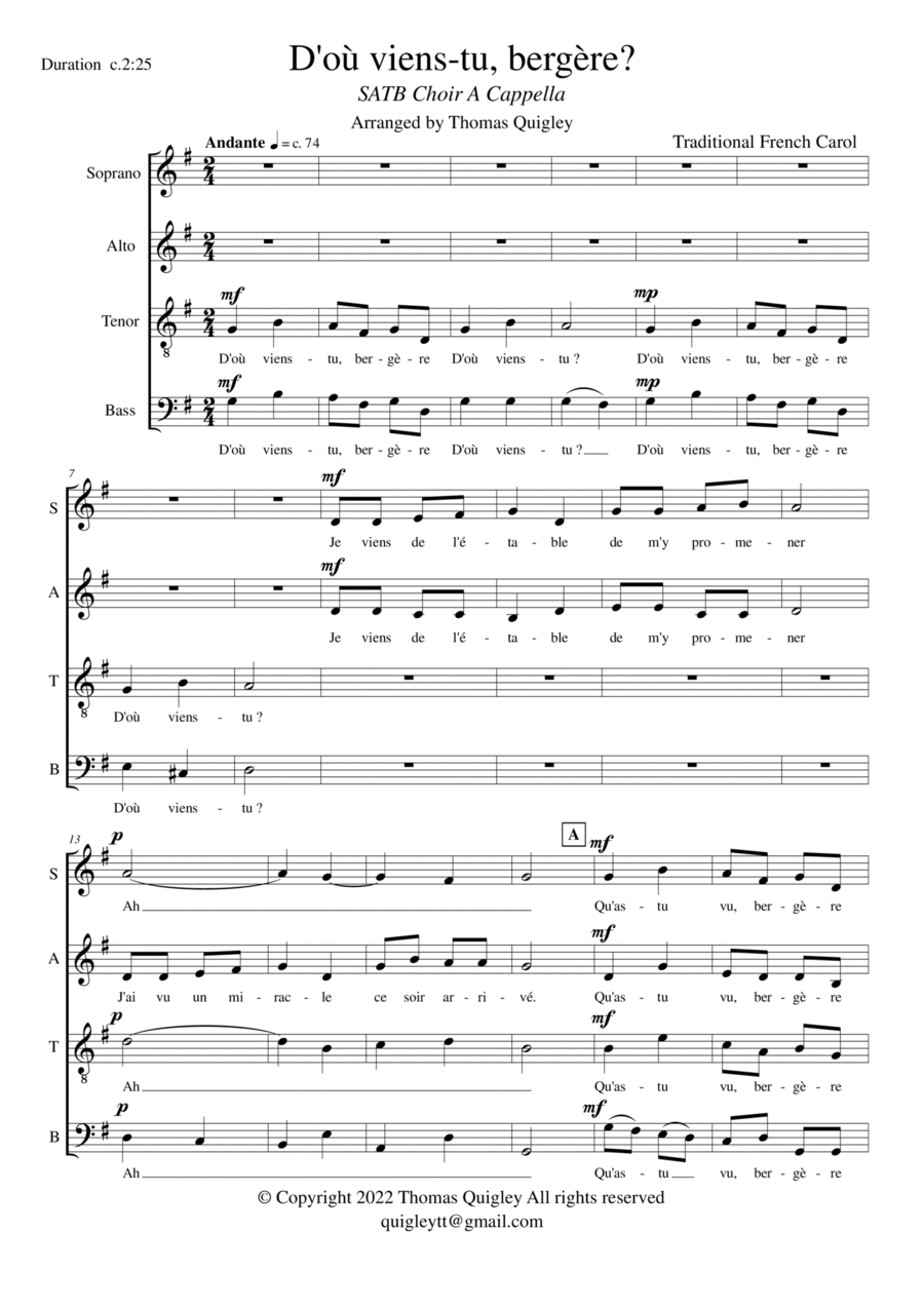 D'où viens - tu bergerè? (A Cappella) 4-Part scores gallery preview page 1