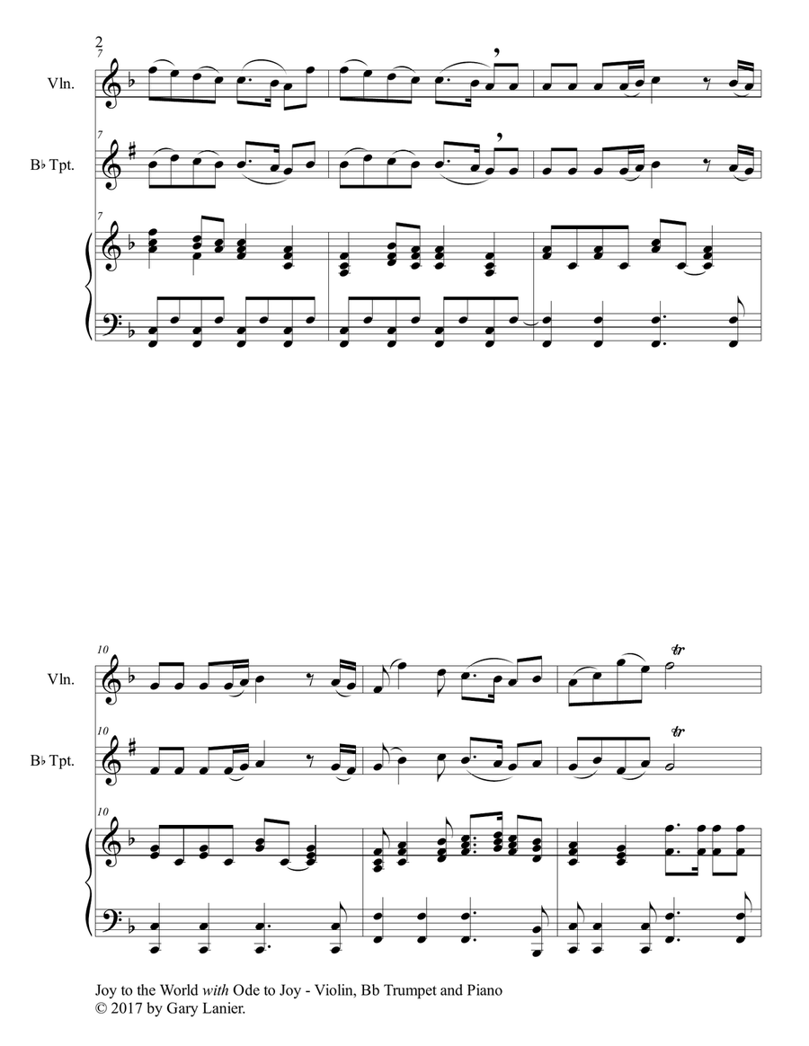 JOY TO THE WORLD with ODE TO JOY (Trio - Violin, Bb Trumpet with Piano & Score/Parts) B-Flat Trumpet scores gallery preview page 3
