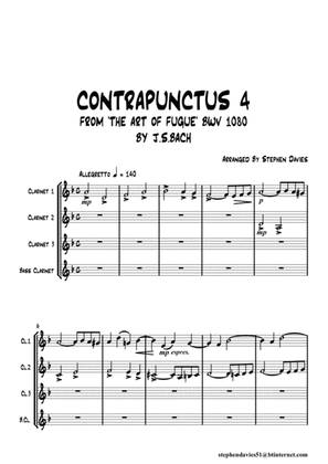 Book cover for 'Contrapunctus 4' By J.S.Bach BWV 1080 from 'The Art of the Fugue' for Clarinet Quartet.