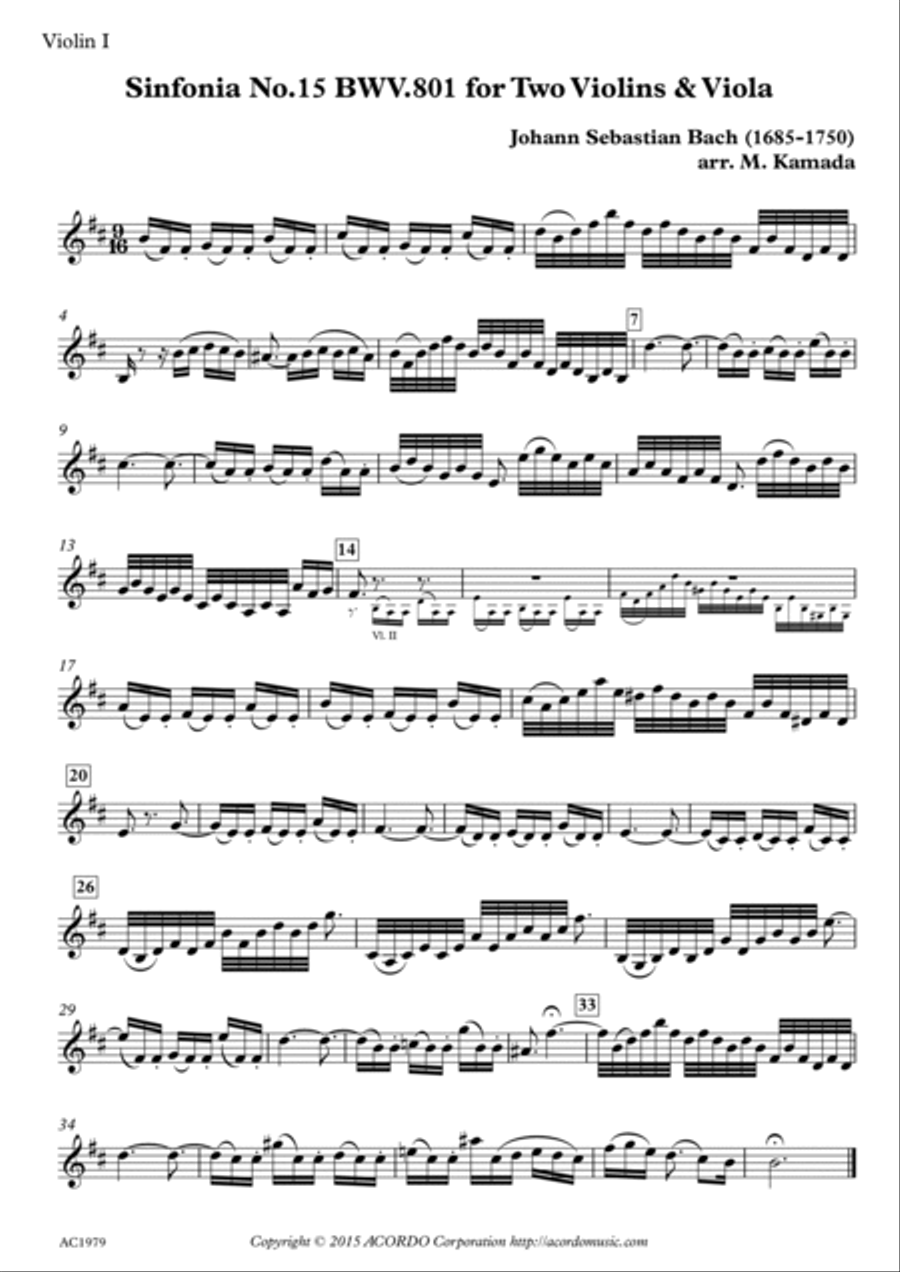 Sinfonia No.15 BWV.801 for Two Violins & Viola String Duet scores gallery preview page 3