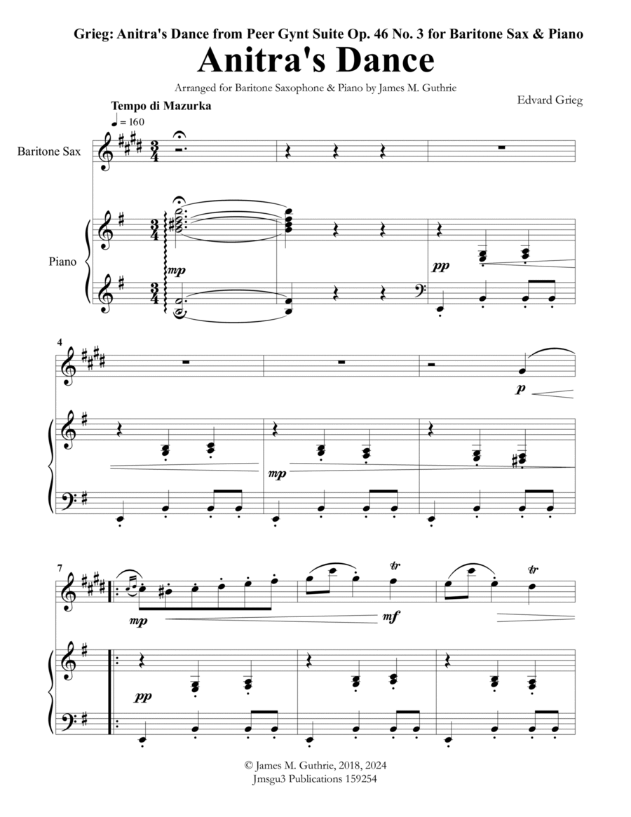 Grieg: Anitra's Dance from Peer Gynt Suite for Baritone Sax & Piano Baritone Saxophone scores gallery preview page 1