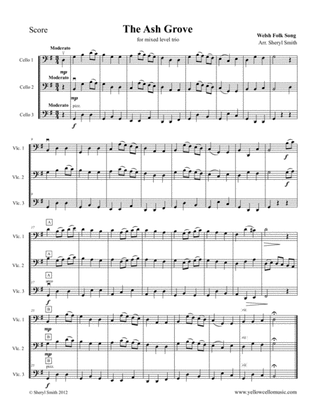 The Ash Grove, a Welsh Folk song for mixed-level cello trio