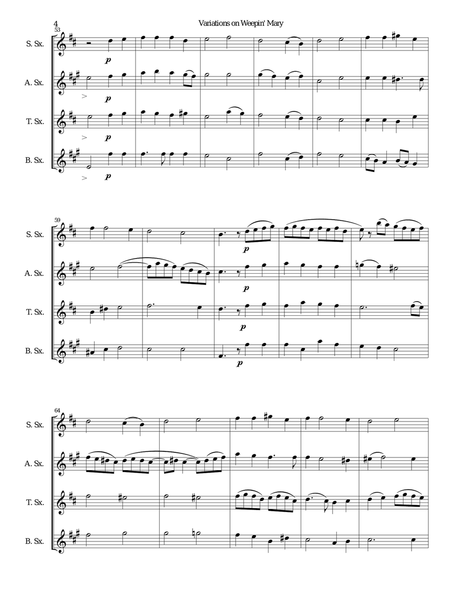 Variations on Weepin' Mary for saxophone quartet Saxophone Quartet scores gallery preview page 4