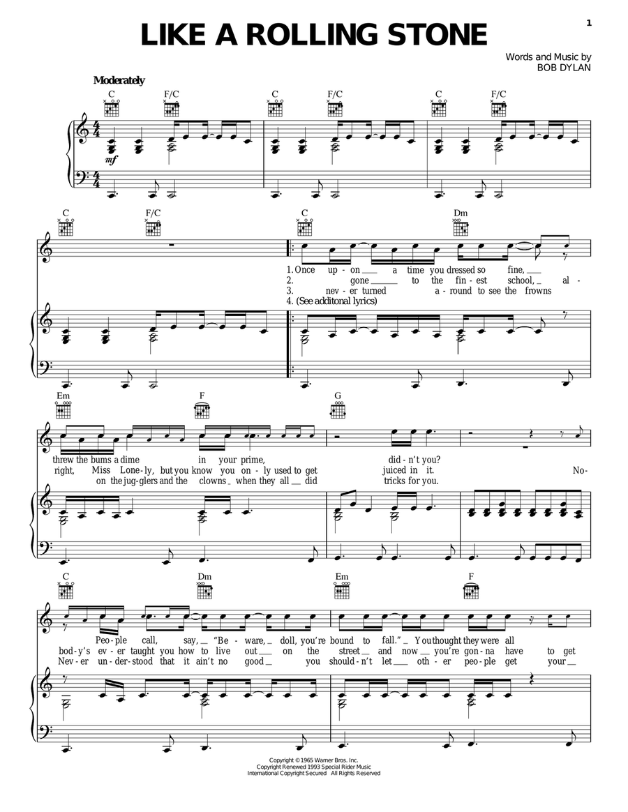 Like A Rolling Stone Piano, Vocal, Guitar scores gallery preview page 1