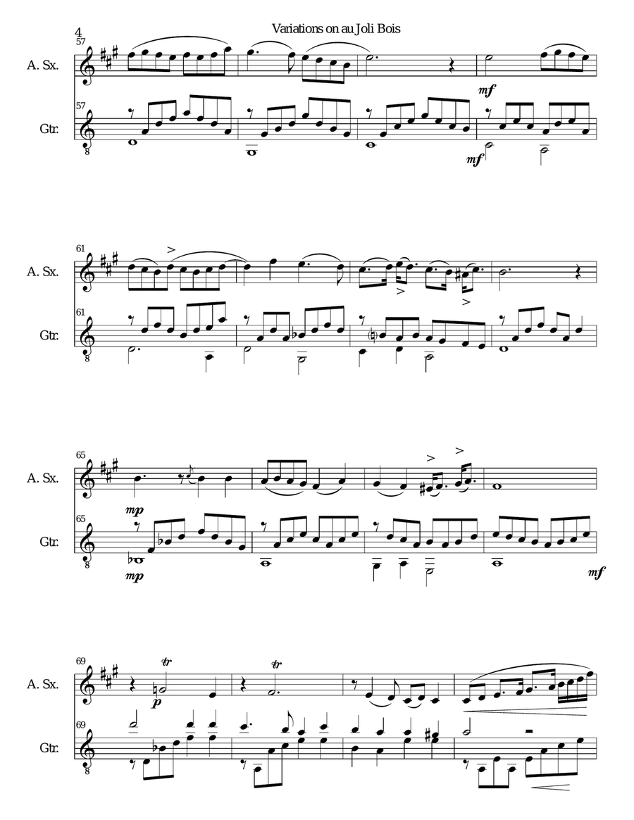 Variations on au Joli Bois for alto saxophone and guitar Alto Saxophone scores gallery preview page 4