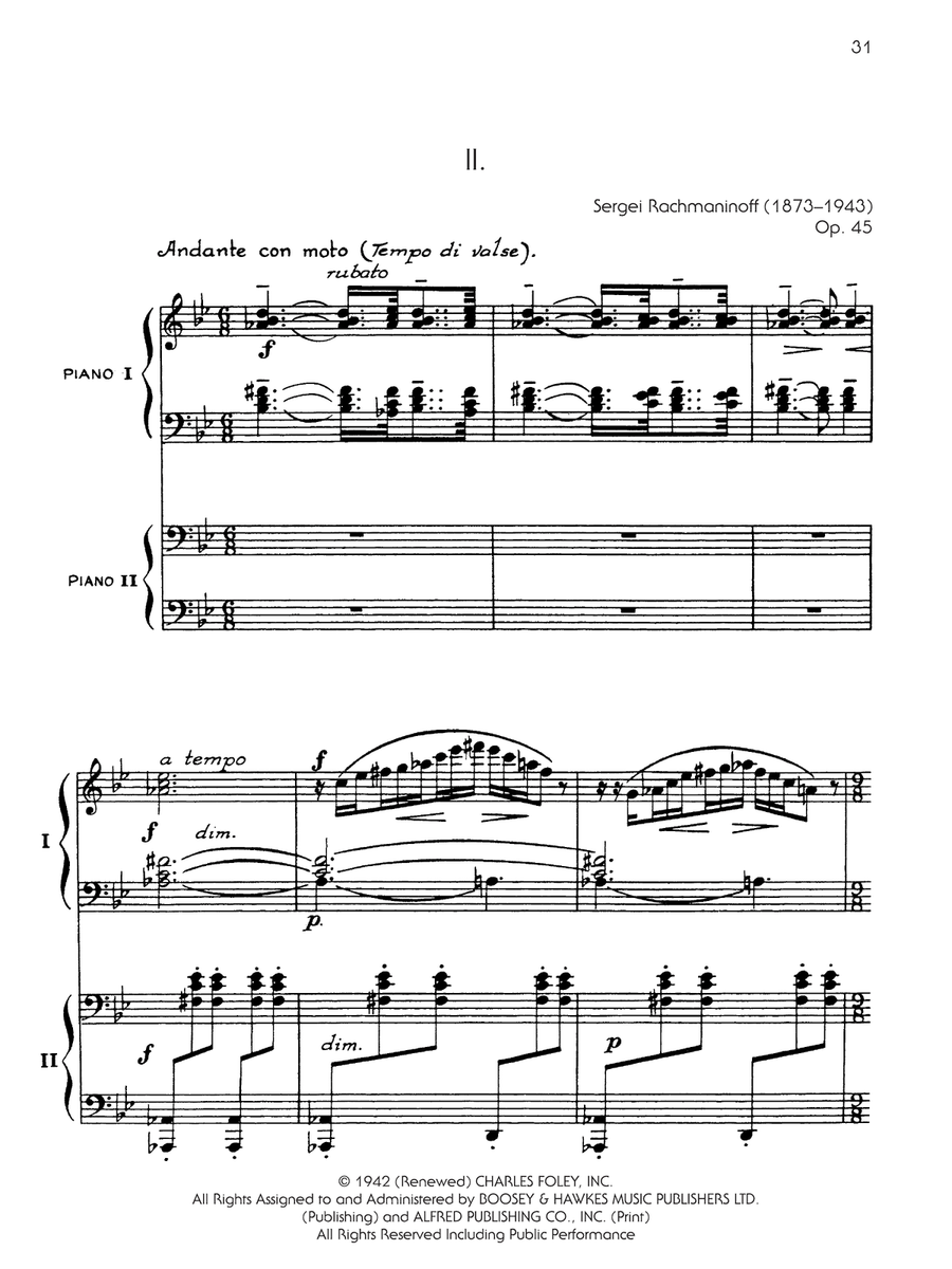 Symphonic Dances, Opus 45 - II. Andante con moto - Piano Duo (2 Pianos, 4 Hands) Piano Duet scores gallery preview page 1