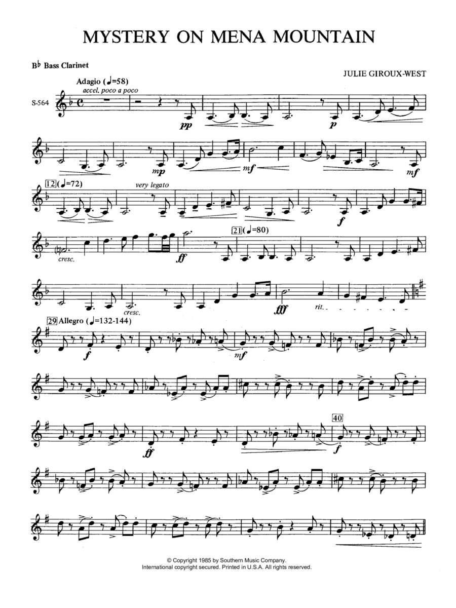 Mystery on Mena Mountain - Bass Clarinet Concert Band scores gallery preview page 1