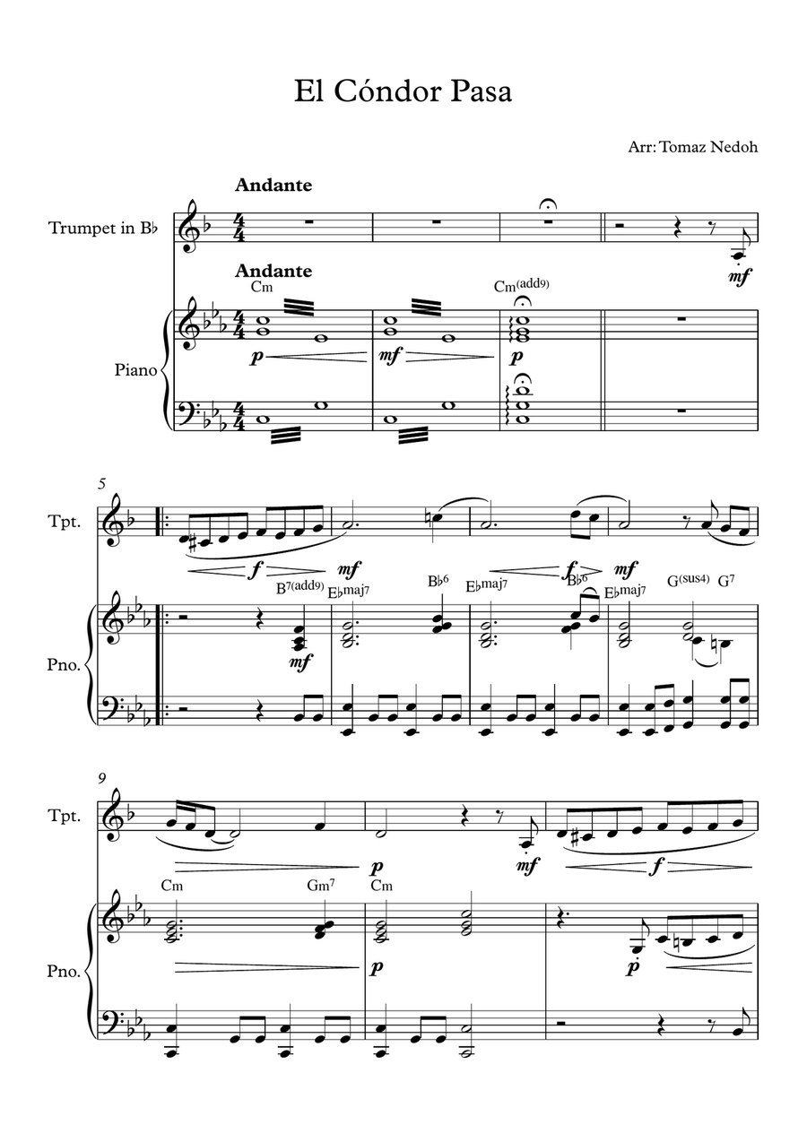 El Cóndor Pasa Trumpet in Bb and Piano Trumpet Solo scores gallery preview page 1