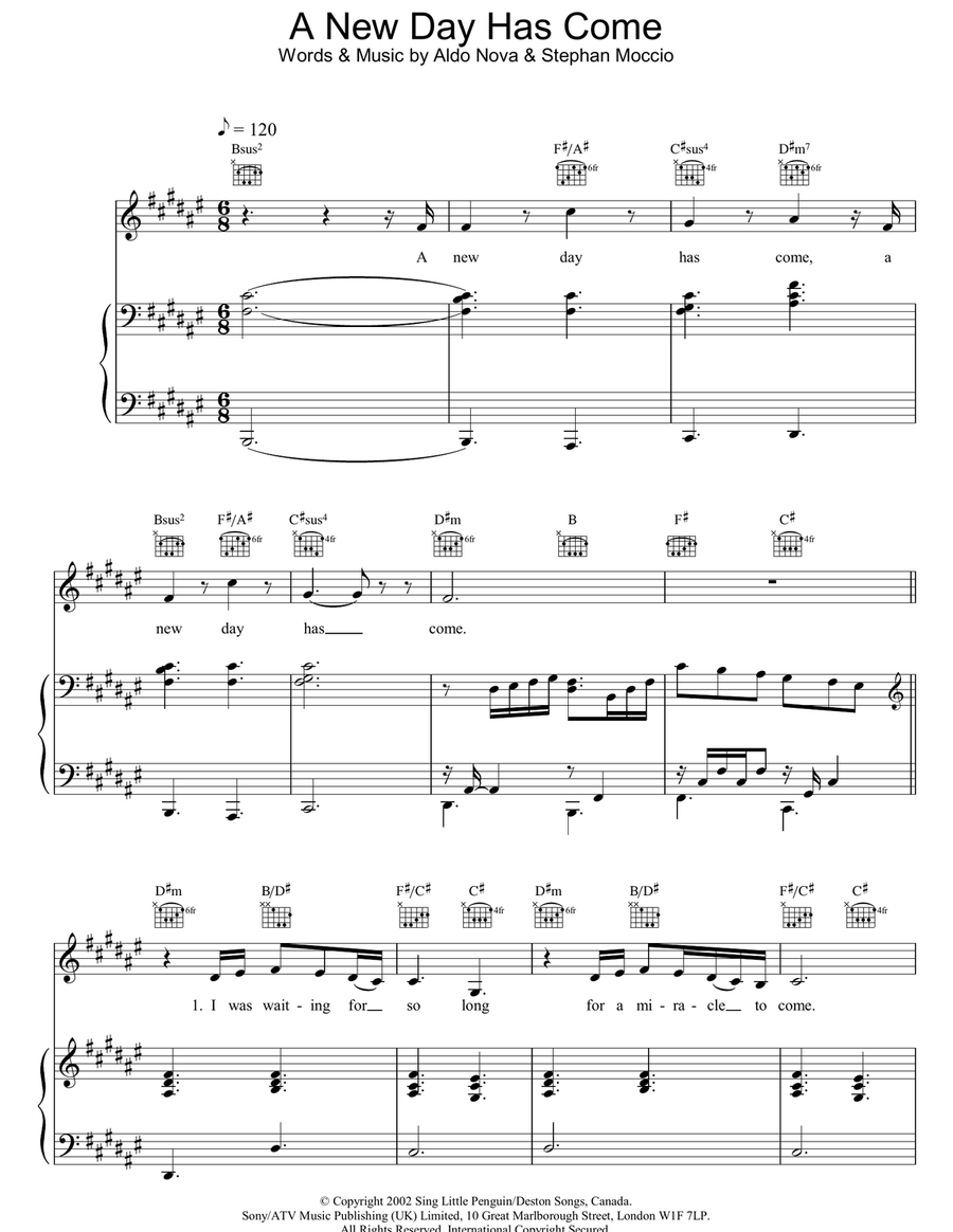 A New Day Has Come Piano, Vocal, Guitar scores gallery preview page 1
