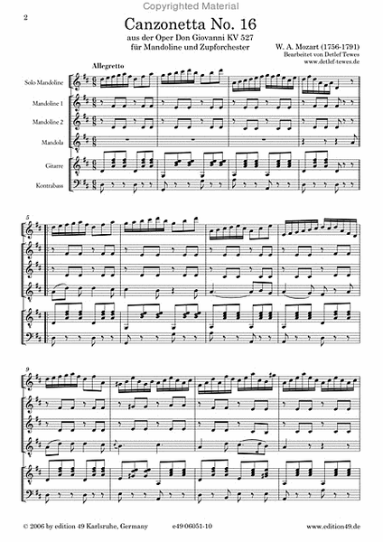Canzonetta No. 16 aus der Oper Don Giovanni KV 527 fur Mandoline und Zupforchester