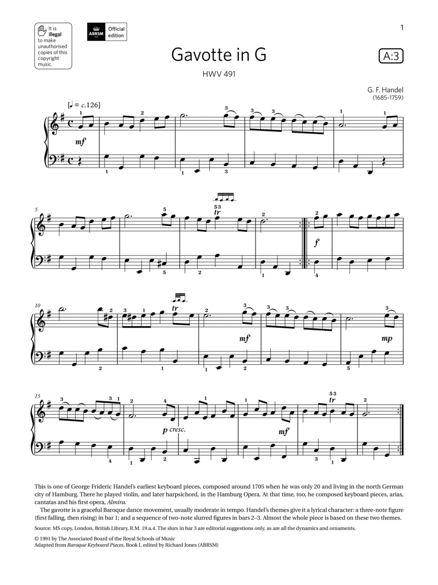 Gavotte in G (Grade 3, list A3, from the ABRSM Piano Syllabus 2021 & 2022) Piano Method scores gallery preview page 1