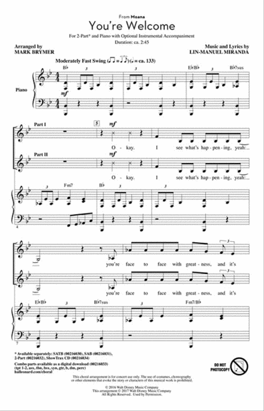 You're Welcome (from Moana) 2-Part scores gallery preview page 2