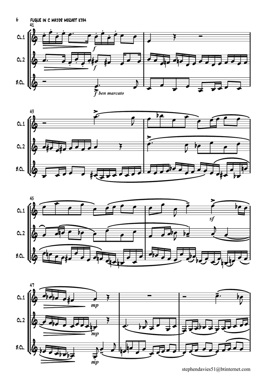 Fugue in C Major by W.A.Mozart K394 for Clarinet Trio. Clarinet Trio scores gallery preview page 6