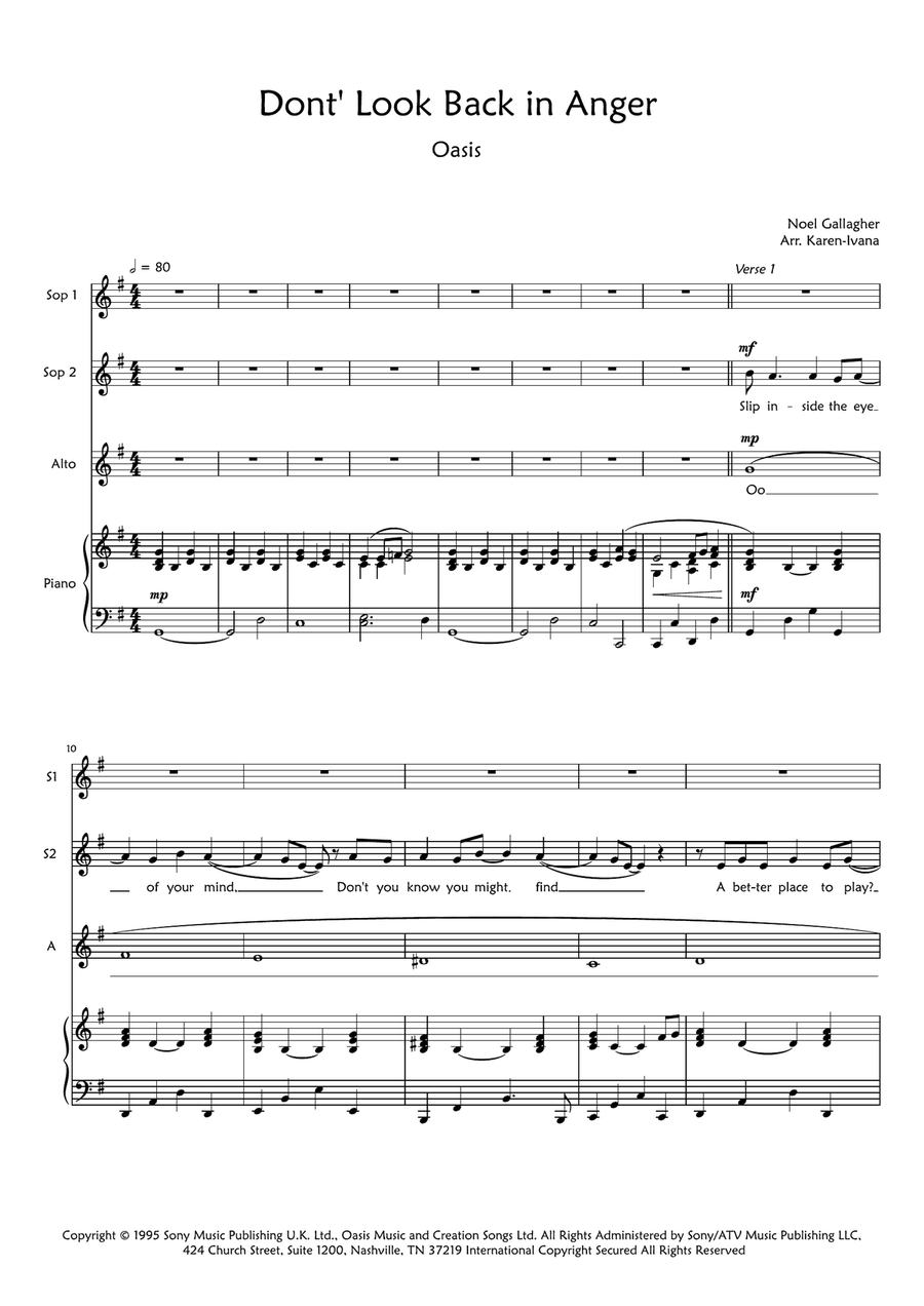 Don't Look Back In Anger SSA scores gallery preview page 1