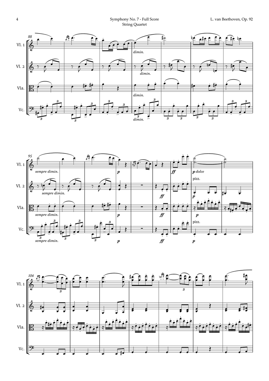 2nd Movement of Symphony No. 7 by Beethoven for String Quartet String Quartet scores gallery preview page 5