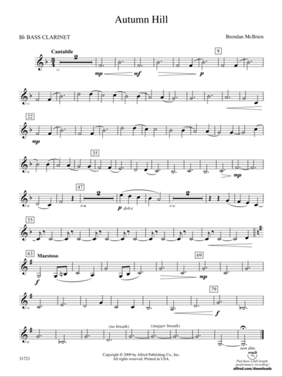 Autumn Hill: B-flat Bass Clarinet Concert Band scores gallery preview page 1