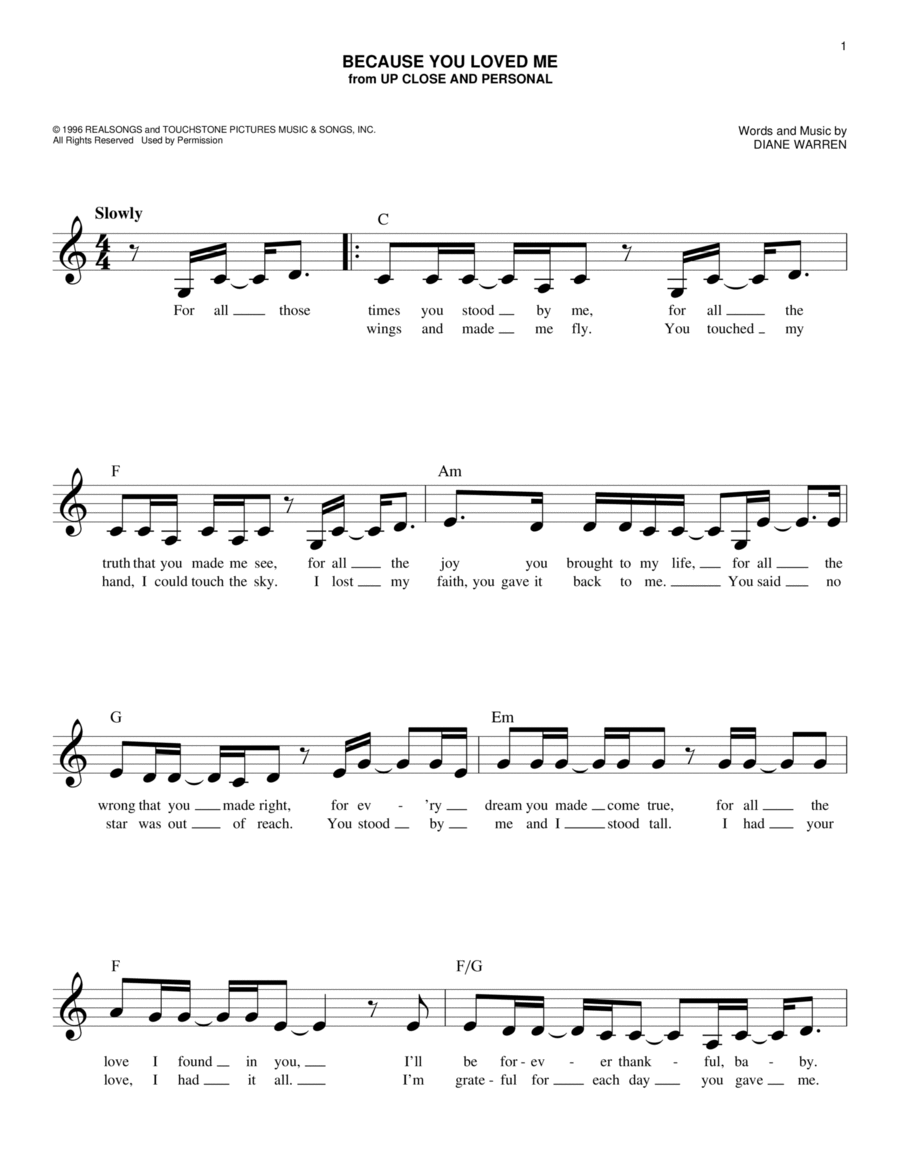 Because You Loved Me Because You Loved Me Piano scores gallery preview page 1