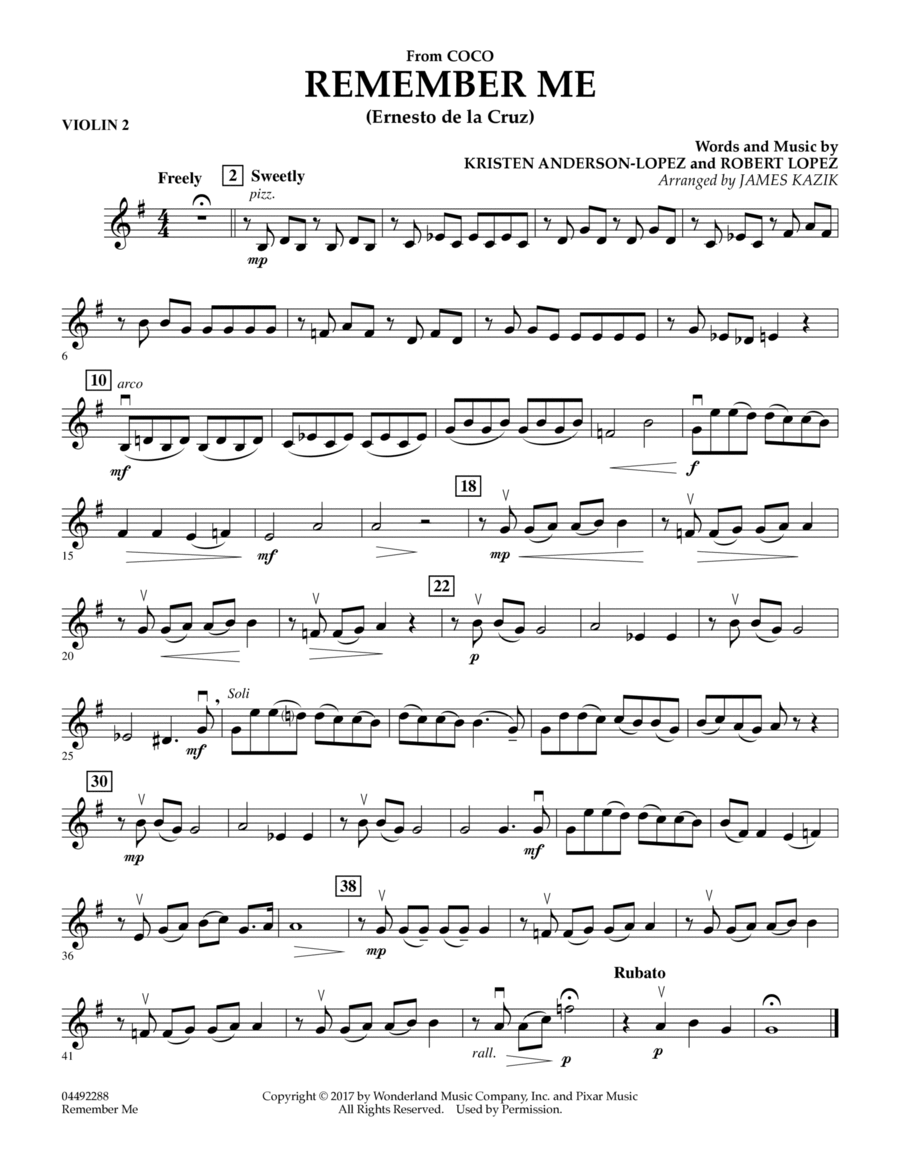 Remember Me (from Coco) (arr. James Kazik) - Violin 2 String Quartet scores gallery preview page 1