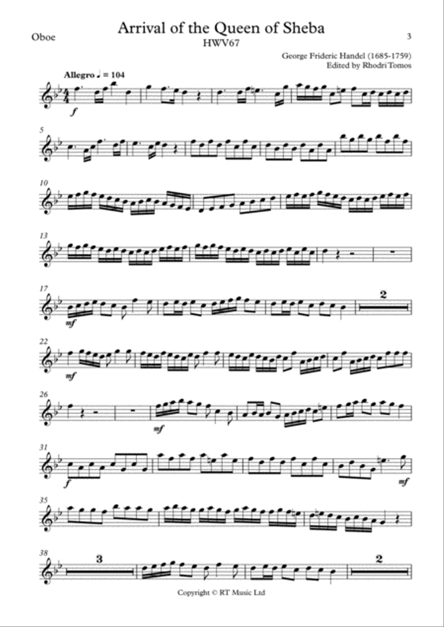 Handel HWV67 - Queen of Sheeba - violin, oboe, trumpet solo parts Oboe scores gallery preview page 3