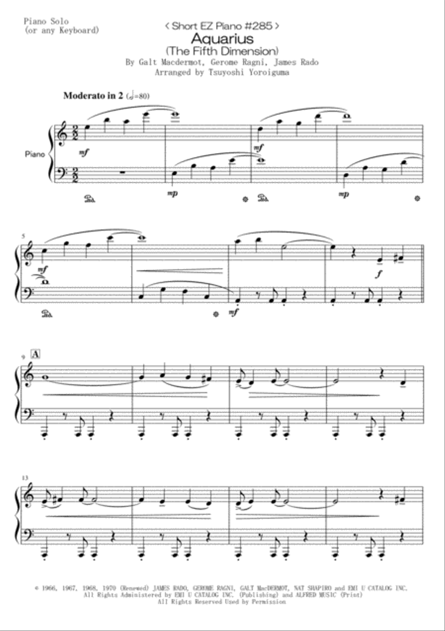 Aquarius Aquarius Easy Piano scores gallery preview page 1