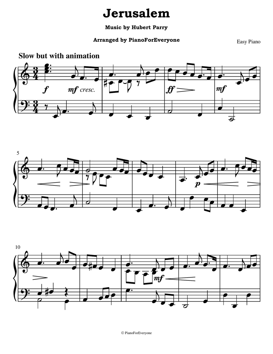 Jerusalem, Hymn - Parry (Easy Piano) Easy Piano scores gallery preview page 1