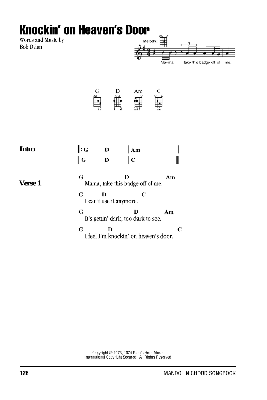 Knockin' On Heaven's Door Mandolin scores gallery preview page 1