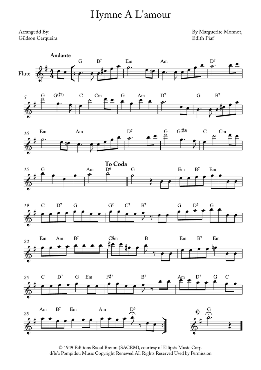 Hymne A L'amour Flute Solo scores gallery preview page 1