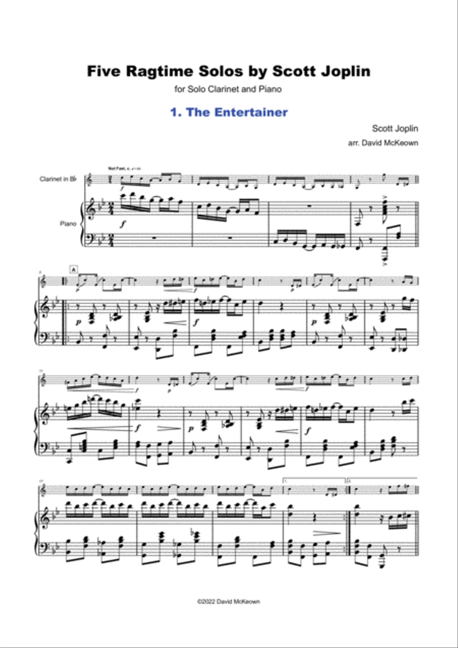 Five Ragtime Solos by Scott Joplin for Clarinet and Piano