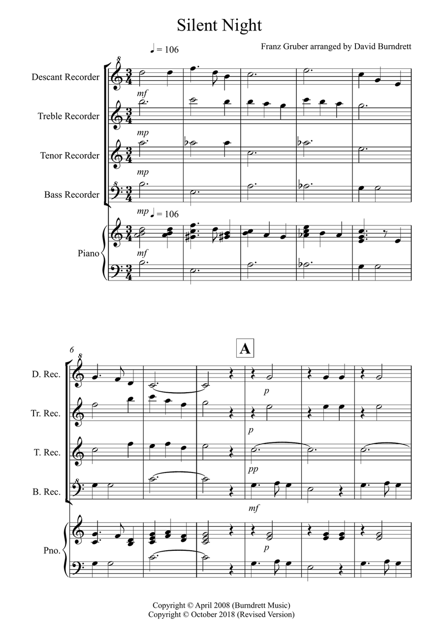 Silent Night for Recorder Quartet Recorder scores gallery preview page 1