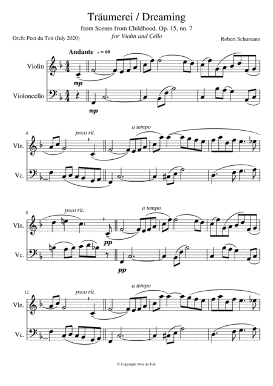 Träumerei/Dreaming from Scenes from Childhood, Op. 15, no. 7 - R Schumann (Violin & Cello) String Duet scores gallery preview page 1