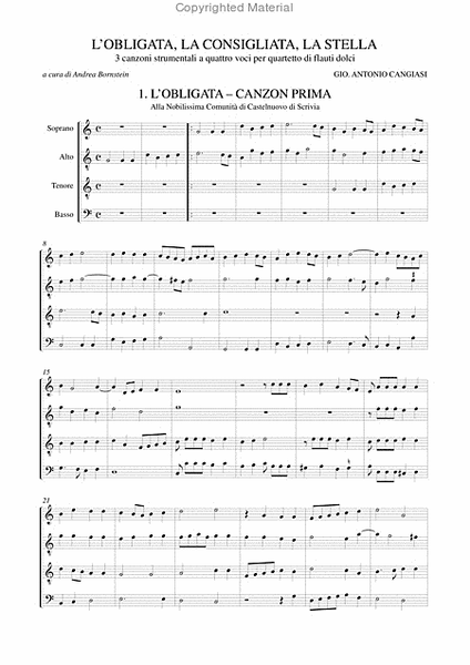 L’Obligata, La Consigliata, La Stella. 3 instrumental four-part Canzonas (Milano 1614) for Recorder Quartet (SATB)