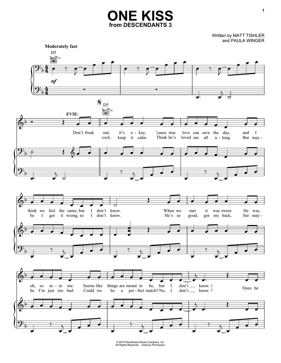One Kiss (from Disney's Descendants 3) Piano, Vocal, Guitar scores gallery preview page 1