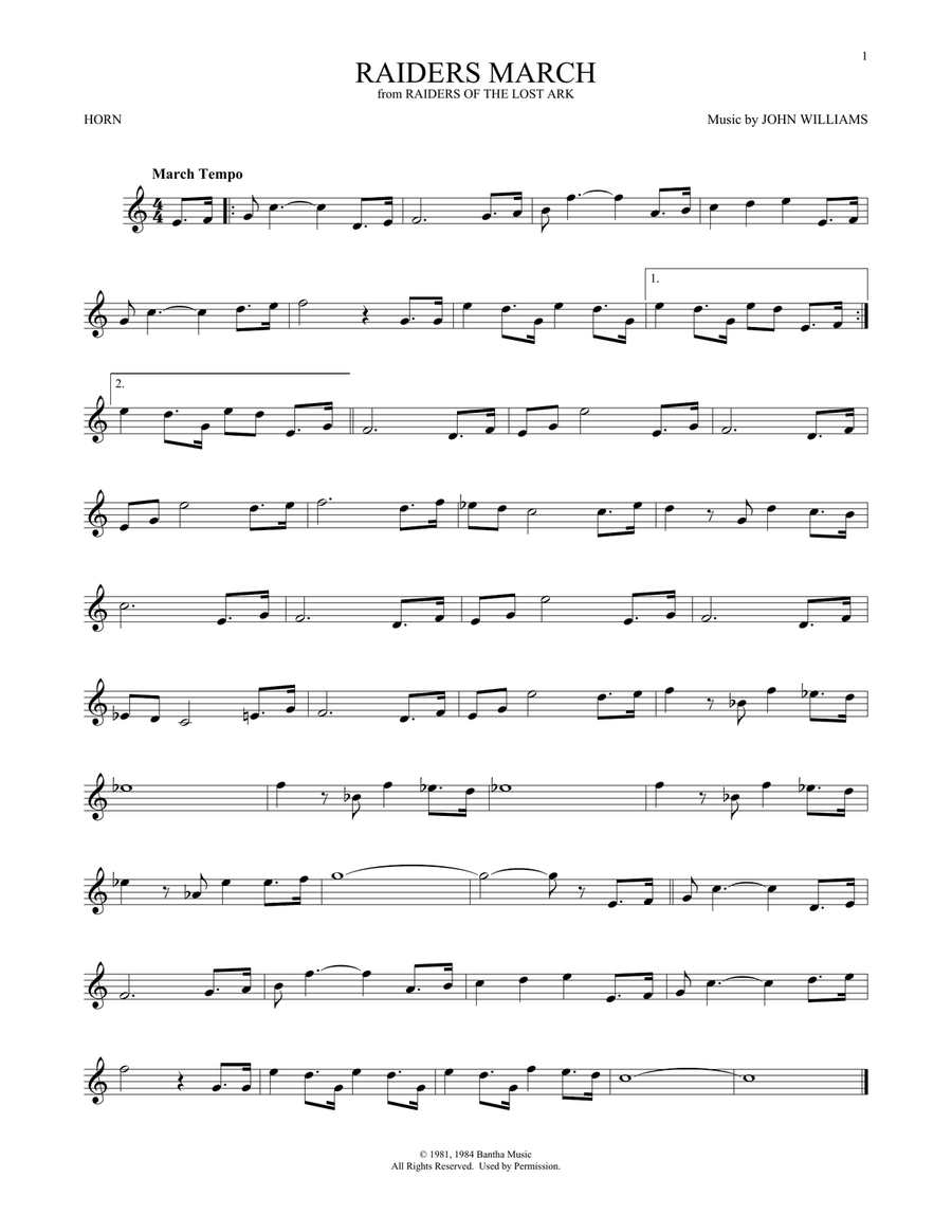Raiders March (from Raiders Of The Lost Ark) Horn Solo scores gallery preview page 1