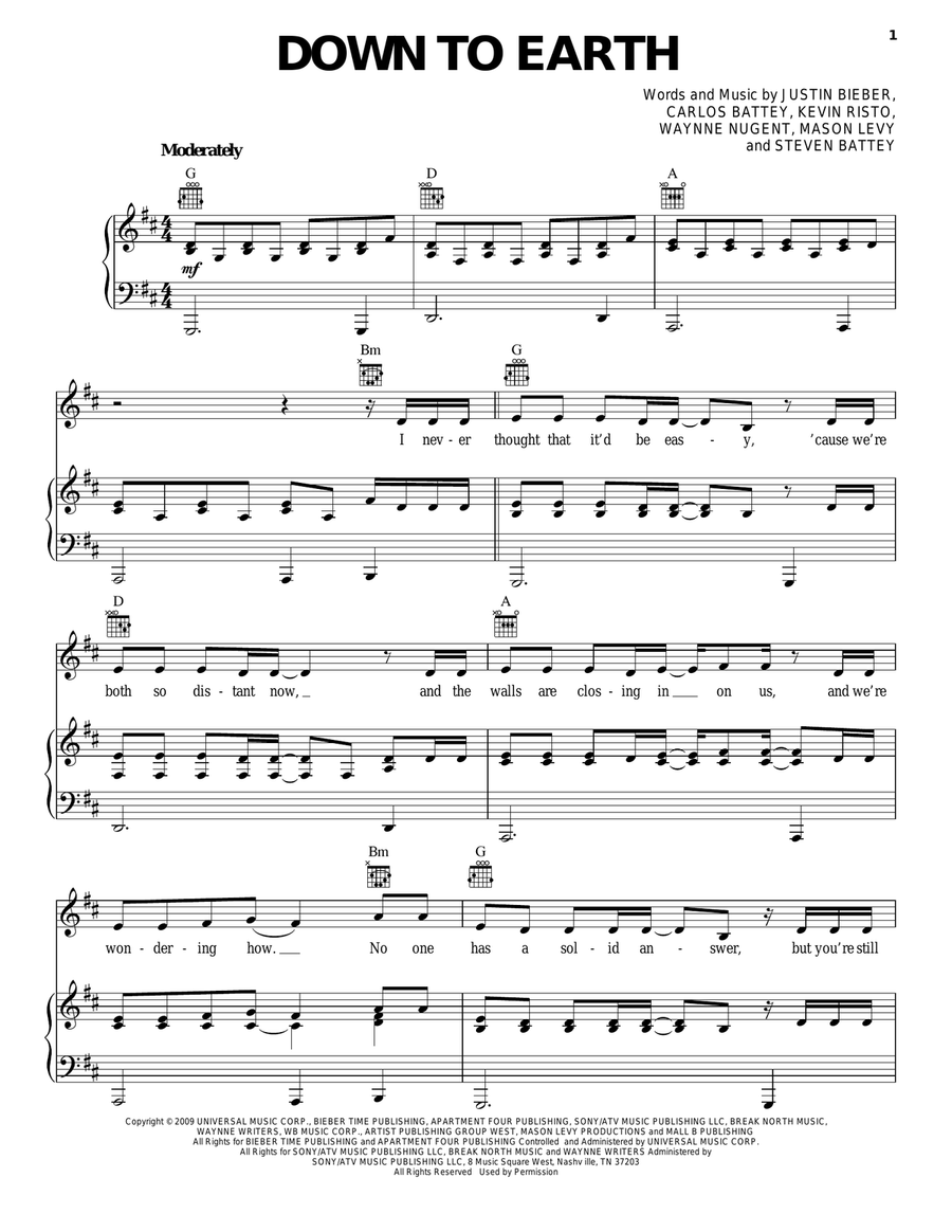 Down To Earth Down To Earth Piano, Vocal, Guitar scores gallery preview page 1