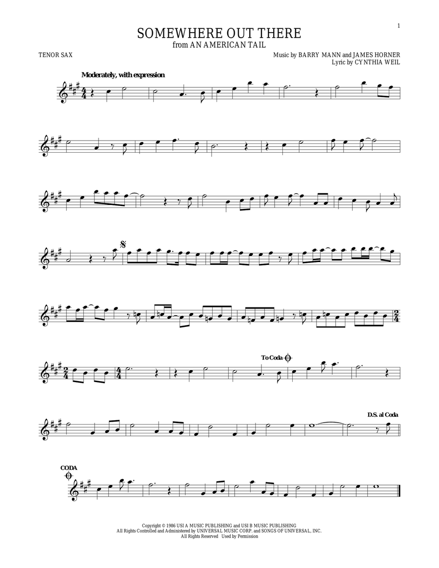 Somewhere Out There Somewhere Out There Tenor Saxophone scores gallery preview page 1