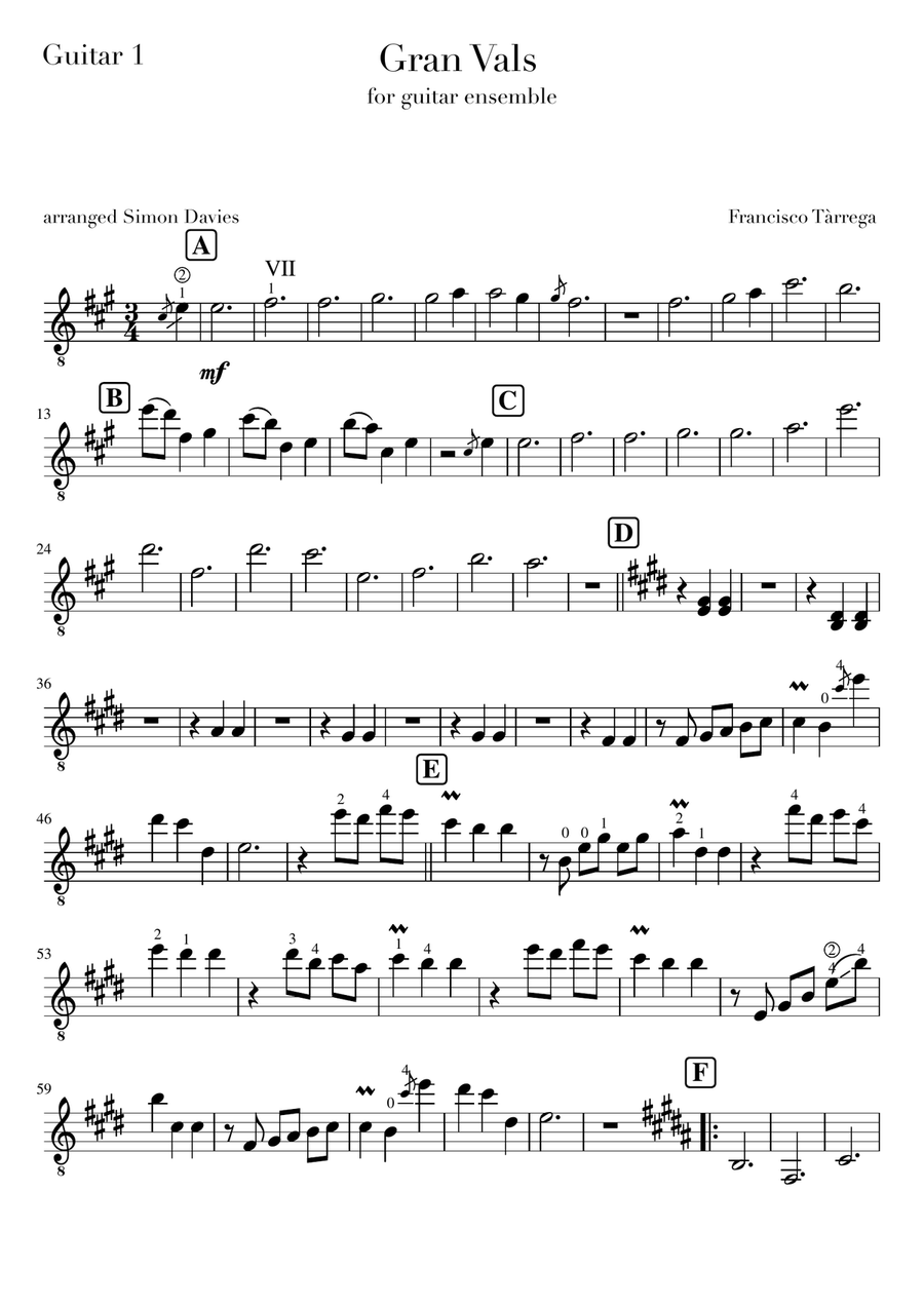 Gran Vals - Francisco Tàrrega (arranged for guitar ensemble) Guitar Ensemble scores gallery preview page 5