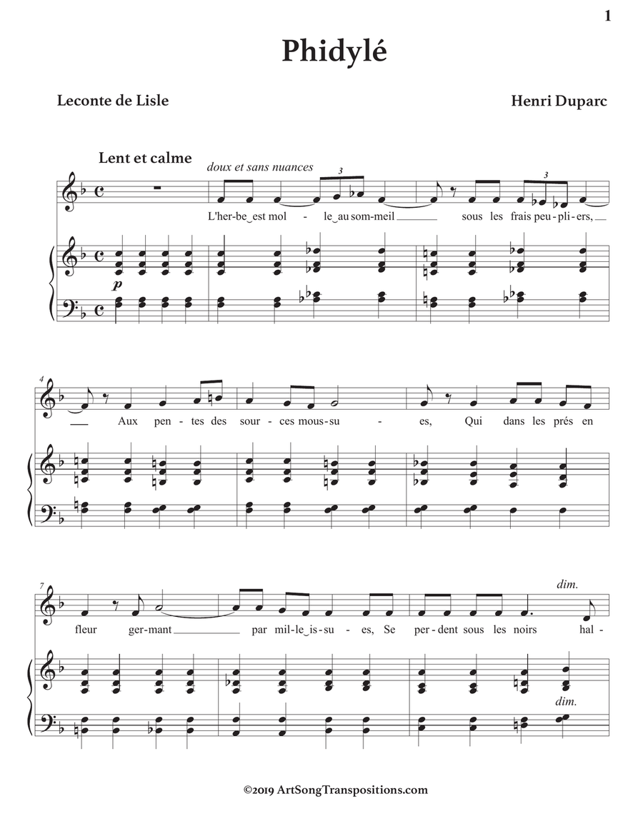 DUPARC: Phidylé (transposed to F major) Piano, Vocal scores gallery preview page 2