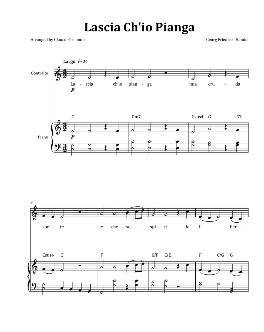 Lascia Ch'io Pianga by Händel - Contralto & Piano in C Major with Chord Notation Chamber Music scores gallery preview page 1