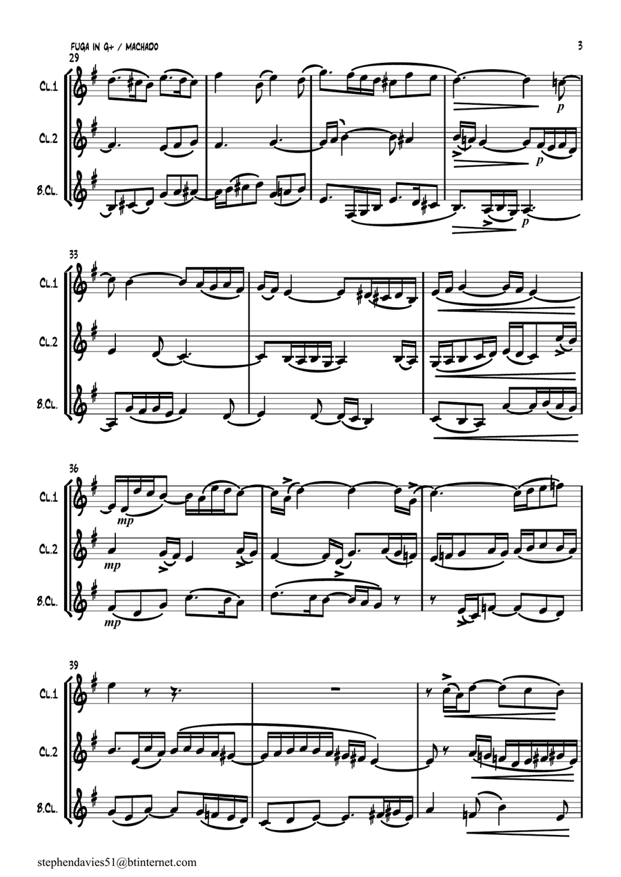 'Fuga in G Major' by Augusto de Oliviera Machado for Clarinet Trio. Clarinet Trio scores gallery preview page 3