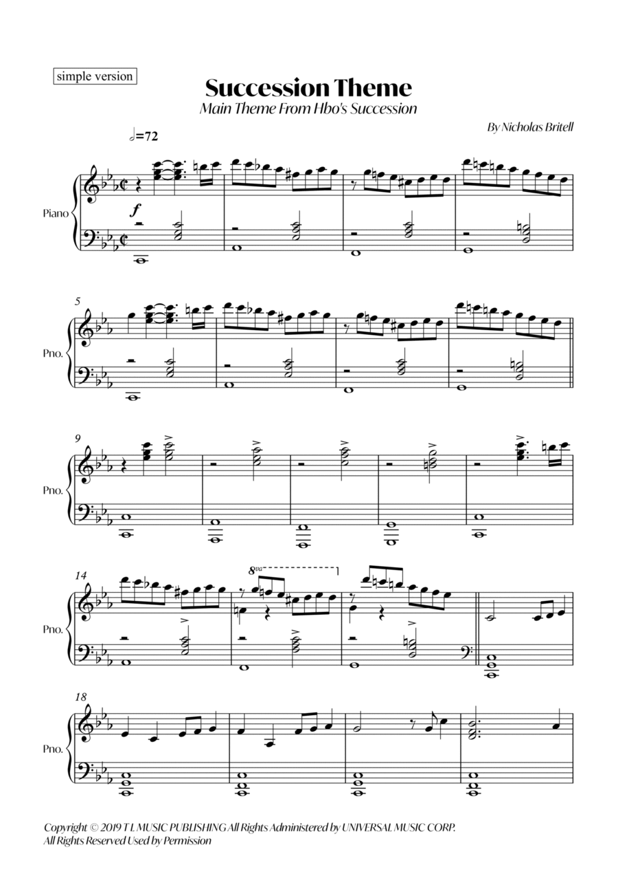 Succession Theme Easy Piano scores gallery preview page 1
