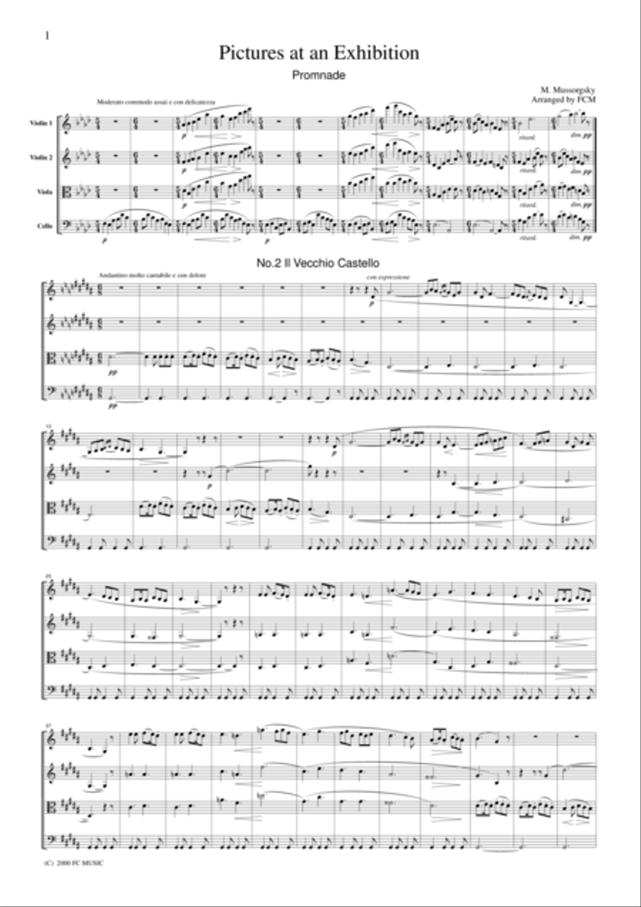 Mussorgsky Promenade and The Old Castle from Pictures at an Exhibition, for string quartet, CM103 String Quartet scores gallery preview page 1